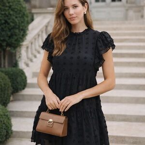 Love by Design Kelsey Black Swiss Dot Chiffon Ruffle Tiered Mini Dress Medium